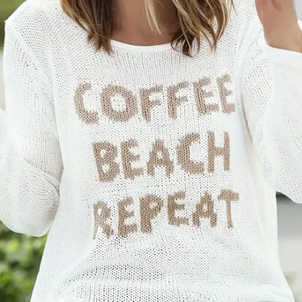 White Casual Women's Round Neck Long Sleeve Side Split Letter Knitted Sweater